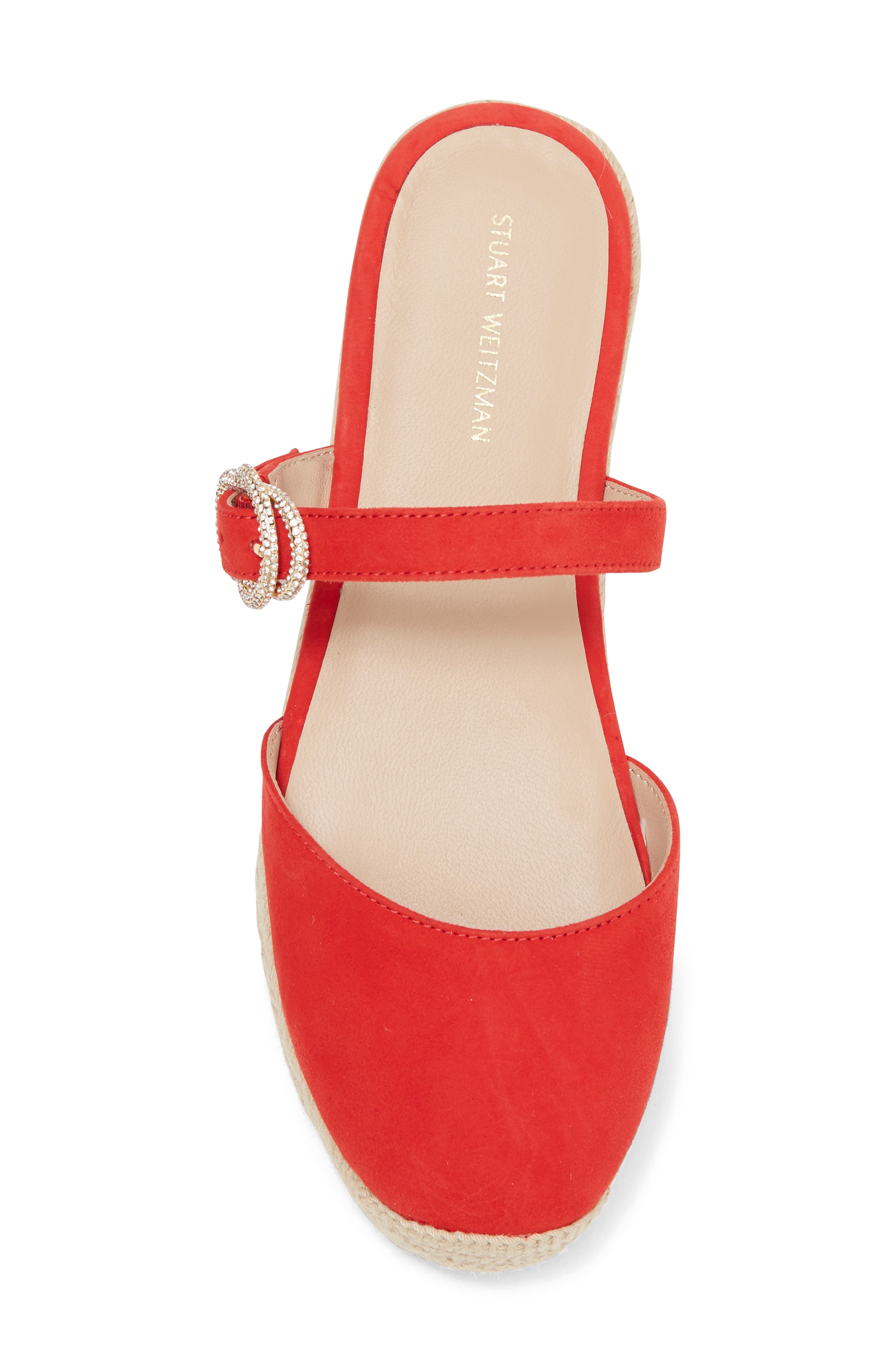 Stuart Weitzman Crystal Buckle Espadrille Mule, Alternate, color, Coral