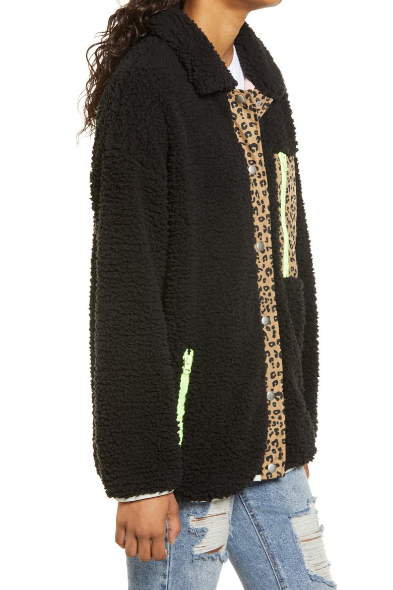 Leopard Trim Fleece Jacket, Alternate, color, BLACK LEOPARD