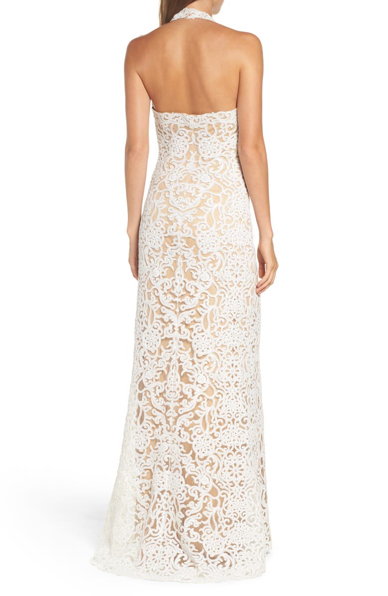 Tadashi Shoji Halter Sequin Lace Column Wedding Dress, Alternate, color, 