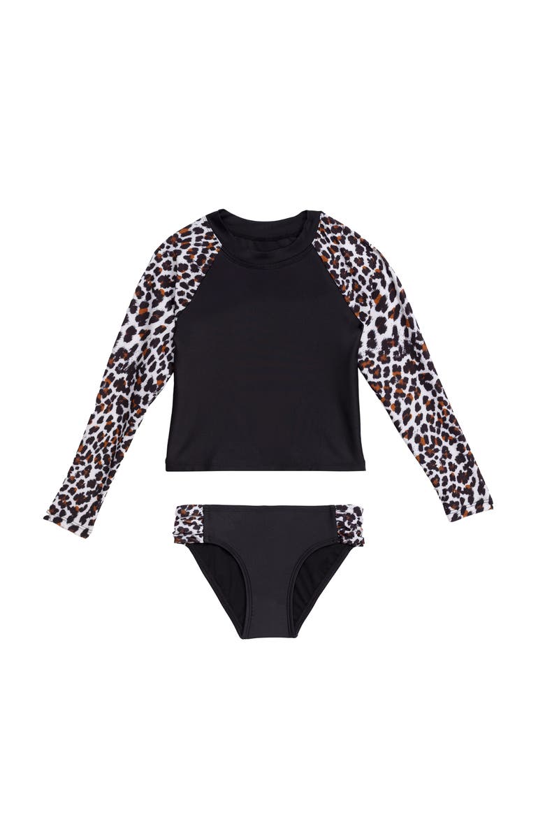 Aqua Green Little Girls Longsleeve Rashguard 2-Piece Swimwear Set, Main, color, Charming Leopard