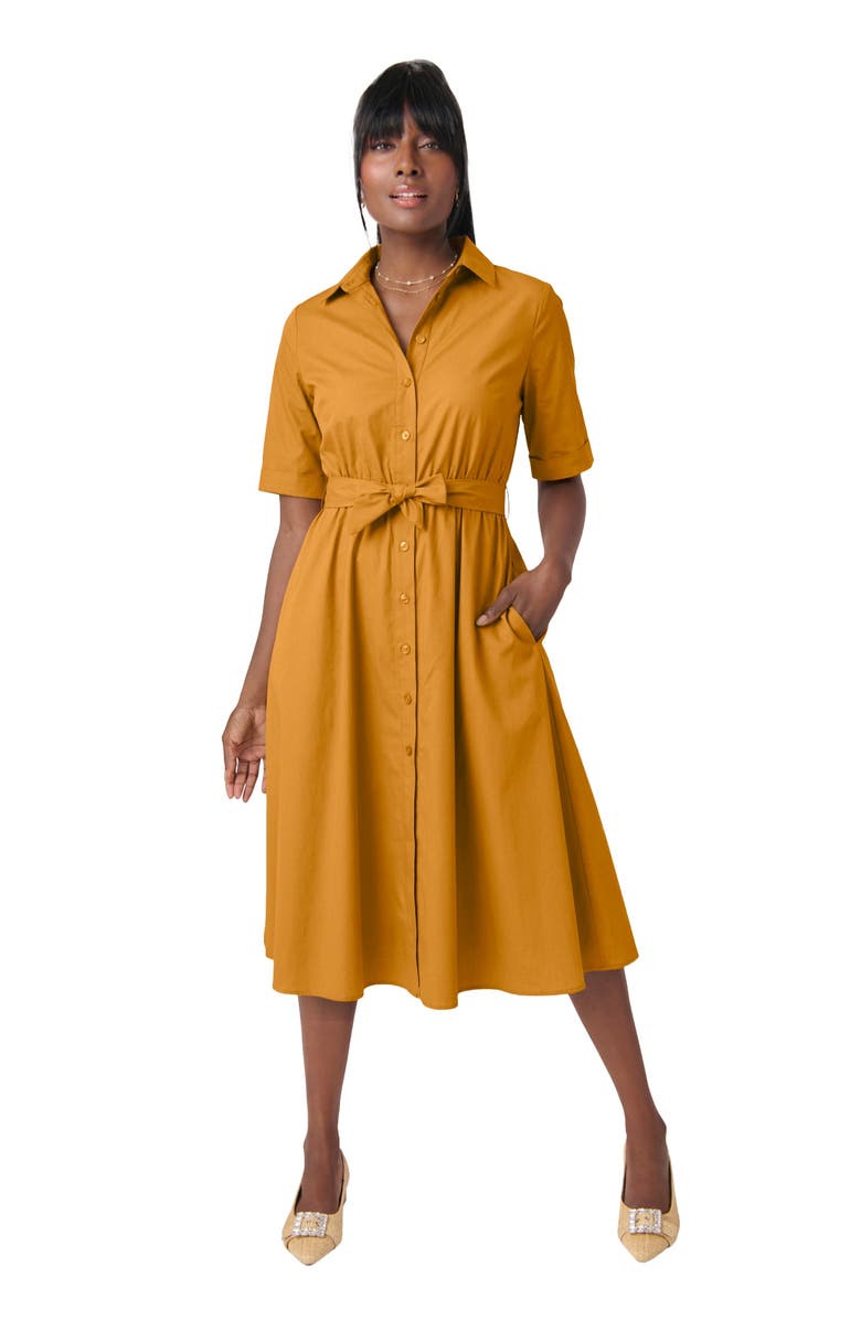 Jessica London Stretch Poplin Shirtdress, Main, color, Rich Gold