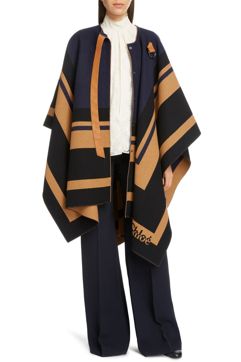 Stripe Trim Wool Cape, Main, color, BEIGE - BLUE