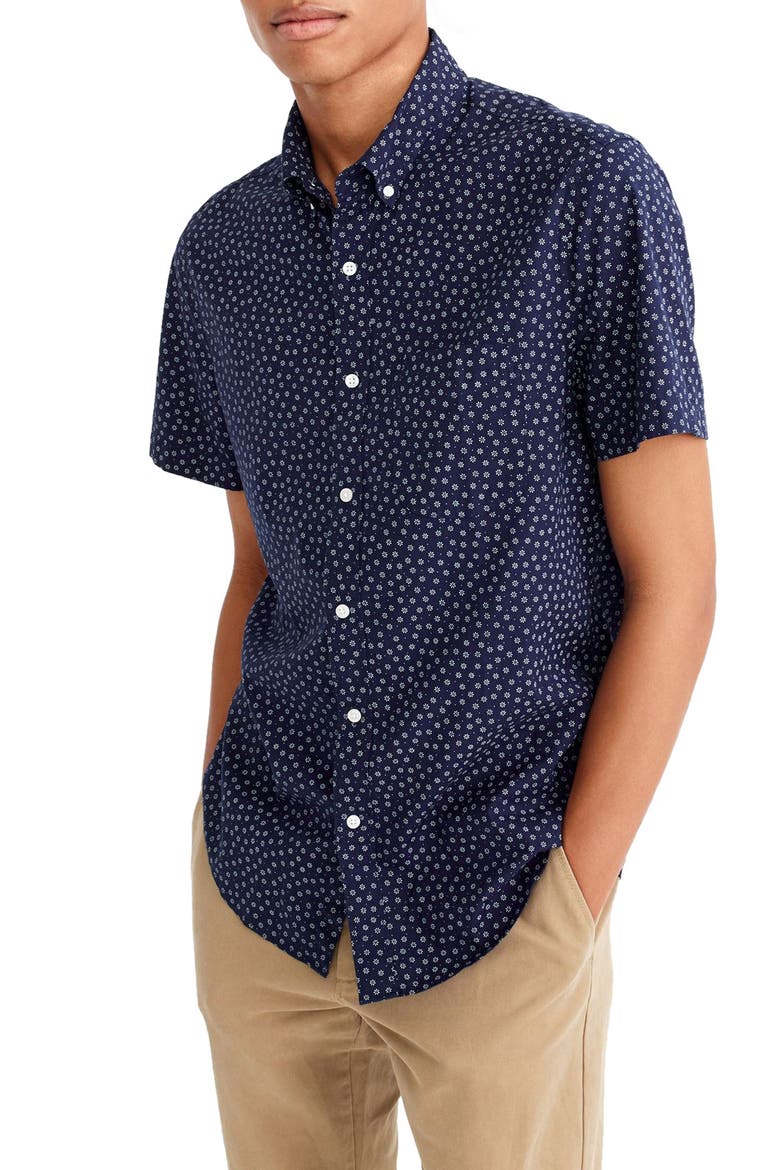 Slim Fit Stretch Secret Wash Short Sleeve Daisy Print Sport Shirt, Main, color, NAVY IVORY