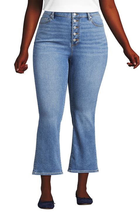 High Rise Denim Button Front Kick Flare Crop Jeans