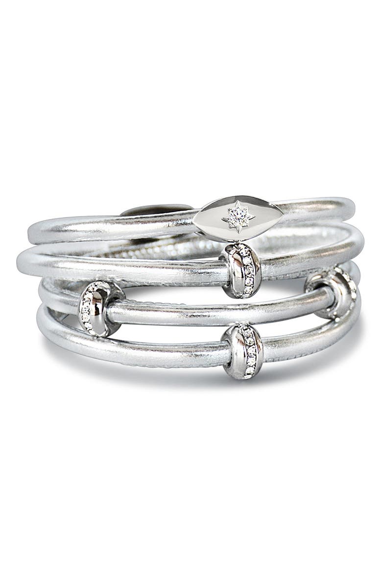 Liza Schwartz Set of 2 Starlight & Good Karma Metallic Leather Wrap Bracelets, Main, color, Metallic Silver