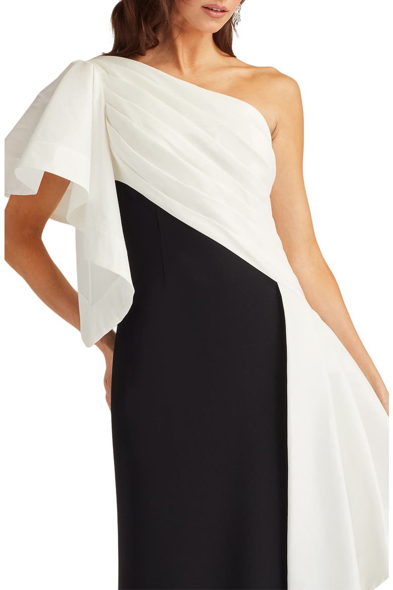 Draped One-Shoulder Mixed Media Gown, Alternate, color, WHITE/ BLACK