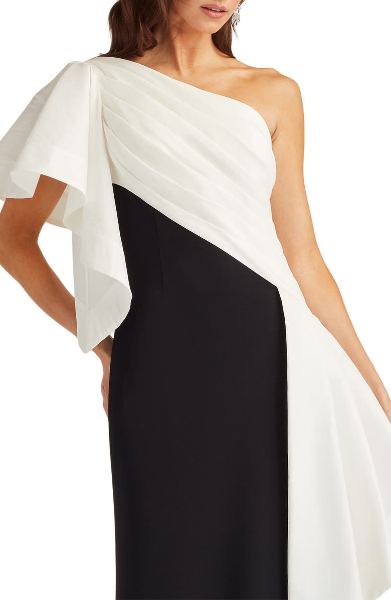 Tadashi Shoji Draped One-Shoulder Mixed Media Gown, Alternate, color, White/ Black