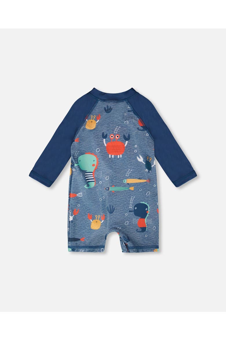 One-Piece Long Sleeve Marine Animals Rashguard, Alternate, color, Blue Printed Marine Animals