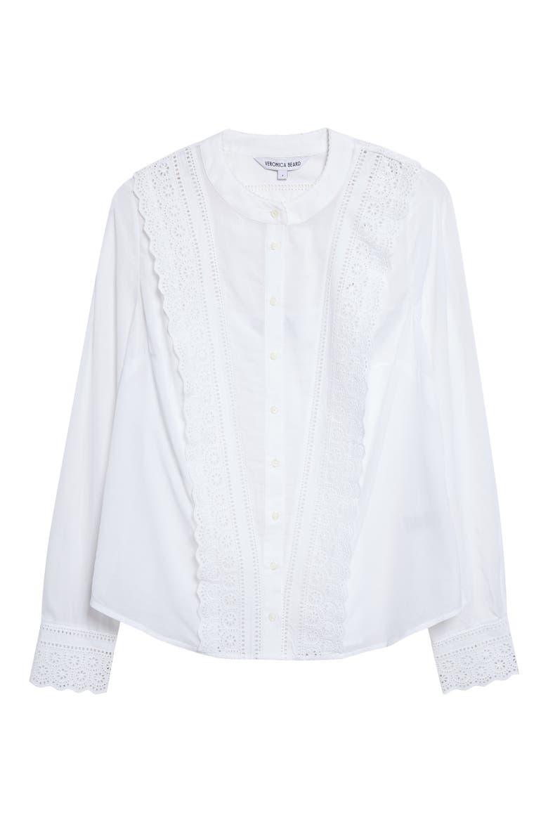 Clermont Eyelet Ruffle Detail Cotton Blend Button-Up Shirt, Alternate, color, WHITE