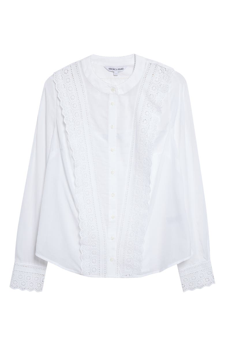 Veronica Beard Clermont Eyelet Ruffle Detail Cotton Blend Button-Up Shirt, Main, color, White