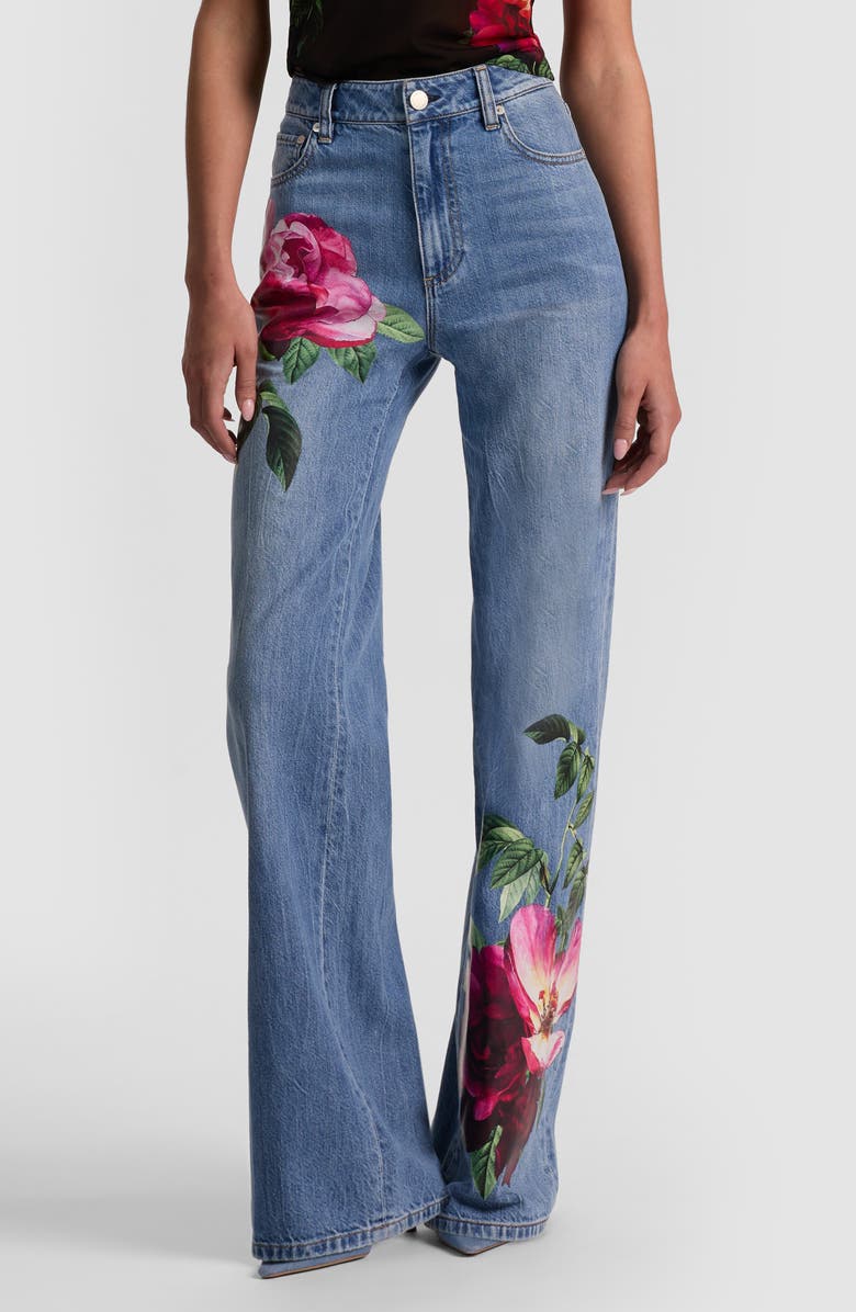 Alice + Olivia Chic Placed Floral Wide Leg Jeans, Main, color, Denver Bright Blue Bloom