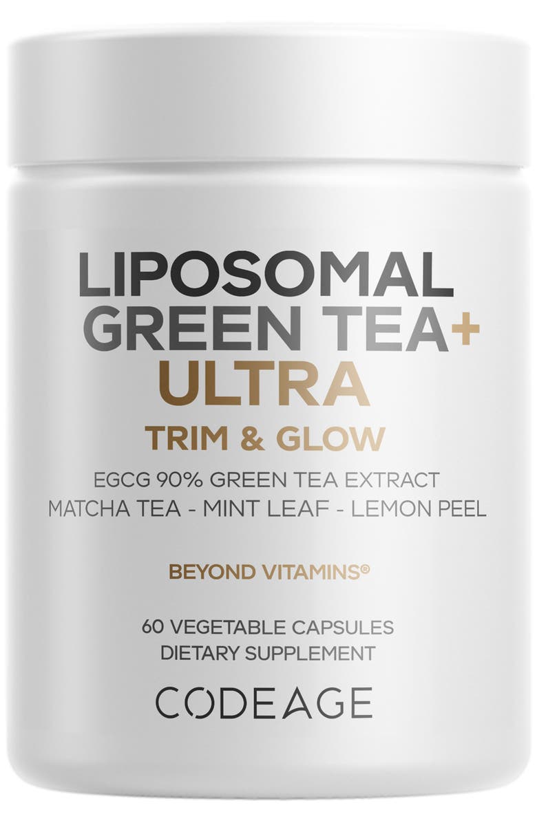 Codeage Liposomal Green Tea+ Ultra Potency - EGCG 90% Green Tea Extract, Organic Matcha Green Tea Powder, Peppermint, Lemon Peel - Vegan, Non-GMO, Gluten-Free - Liposomal Delivery, Main, color, White