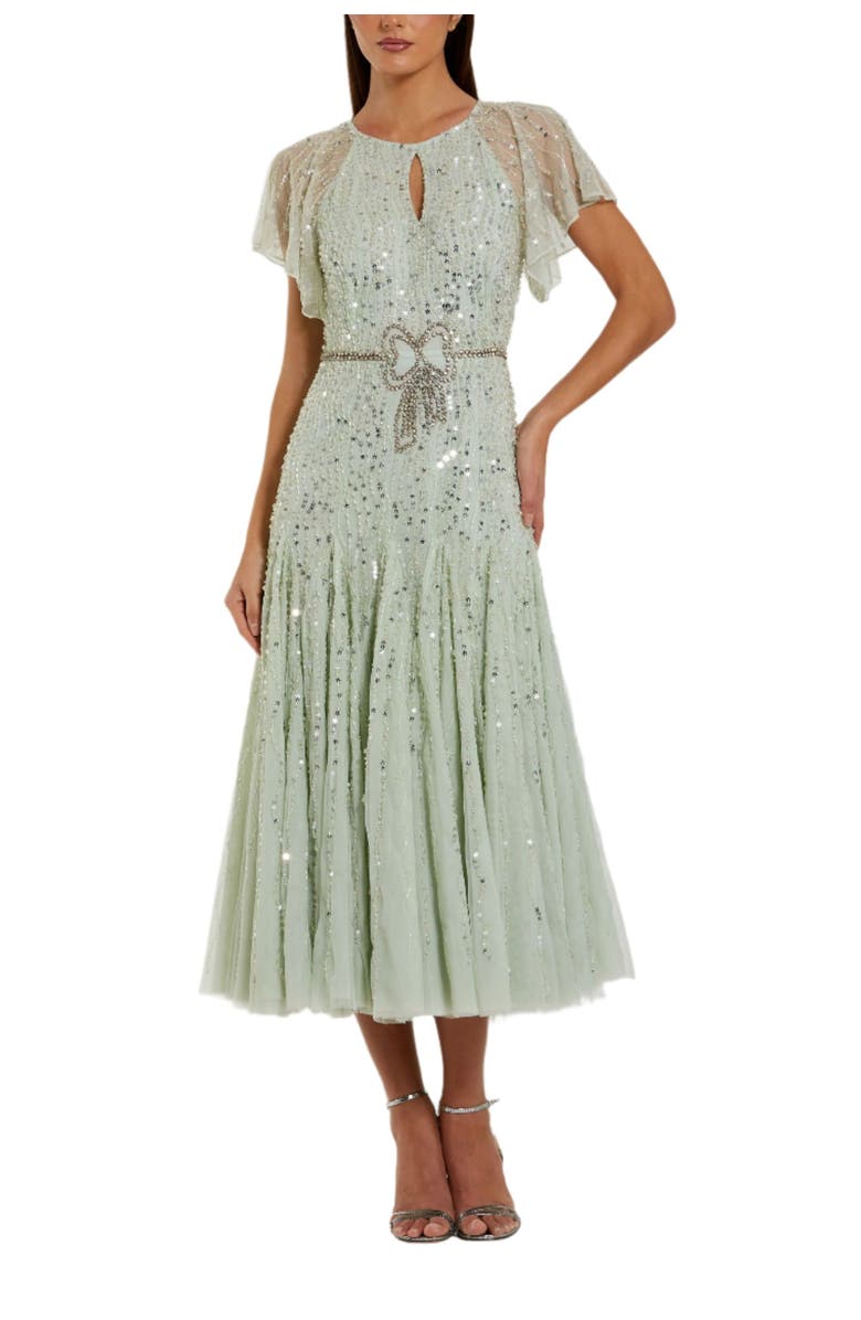 Mac Duggal Women's Enbellished Bow Flutter Sleeve A Line Midi Dress, Main, color, Seafoam