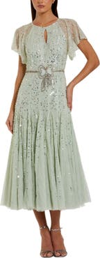 Mac Duggal Women's Enbellished Bow Flutter Sleeve A Line Midi Dress