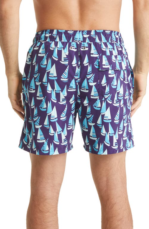 Tom & Teddy Boat Print Swim Trunks In Mulberry & Blue