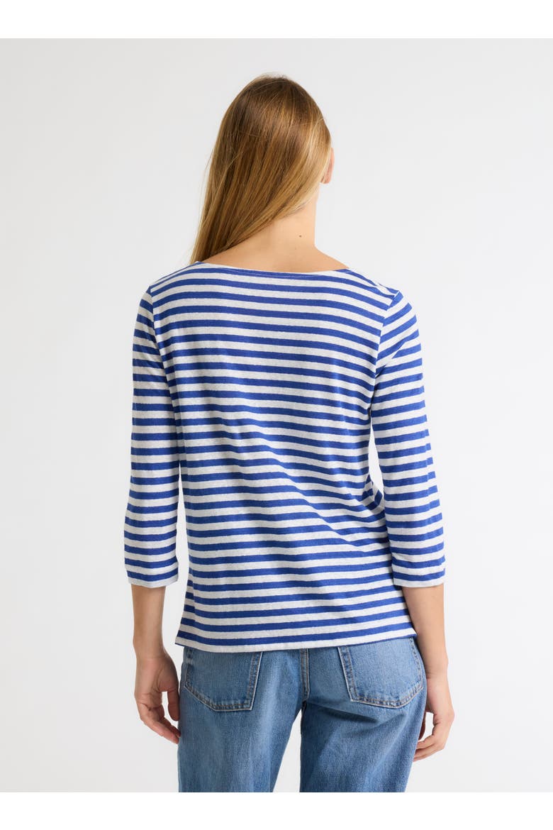 Stretch Linen Stripe Three Quarter Sleeve Boatneck T-Shirt, Alternate, color, ABYSS