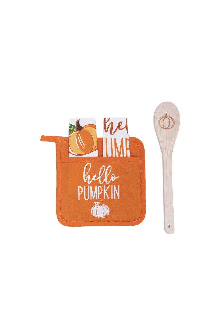 "Hello Pumpkin" Pocket Potholder w/ Wooden Spoon & Printed Dishtowels Gift Set, Main, color, Orange