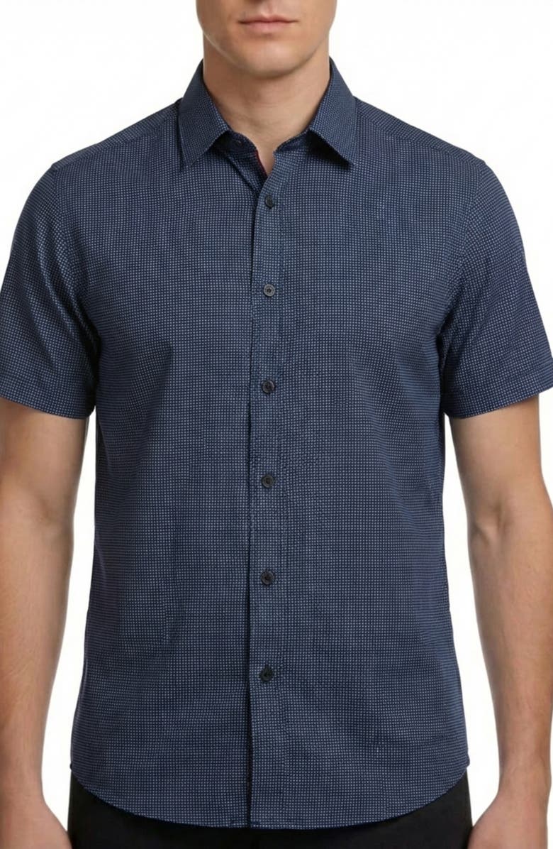 Report Collection Geometric Print 4-Way Stretch Short Sleeve Button-Up Shirt, Main, color, Navy