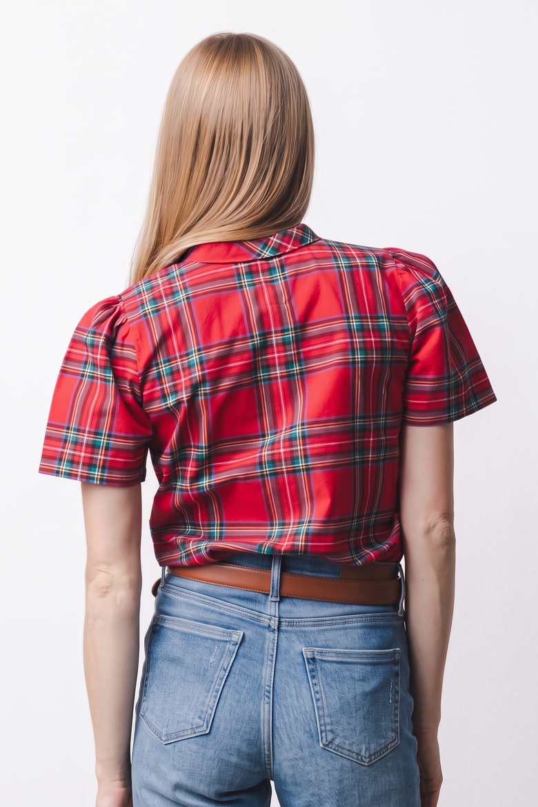 Women's Organic Cotton Puff Sleeve Bow Neck Shirt, Alternate, color, Red Holiday Tartan