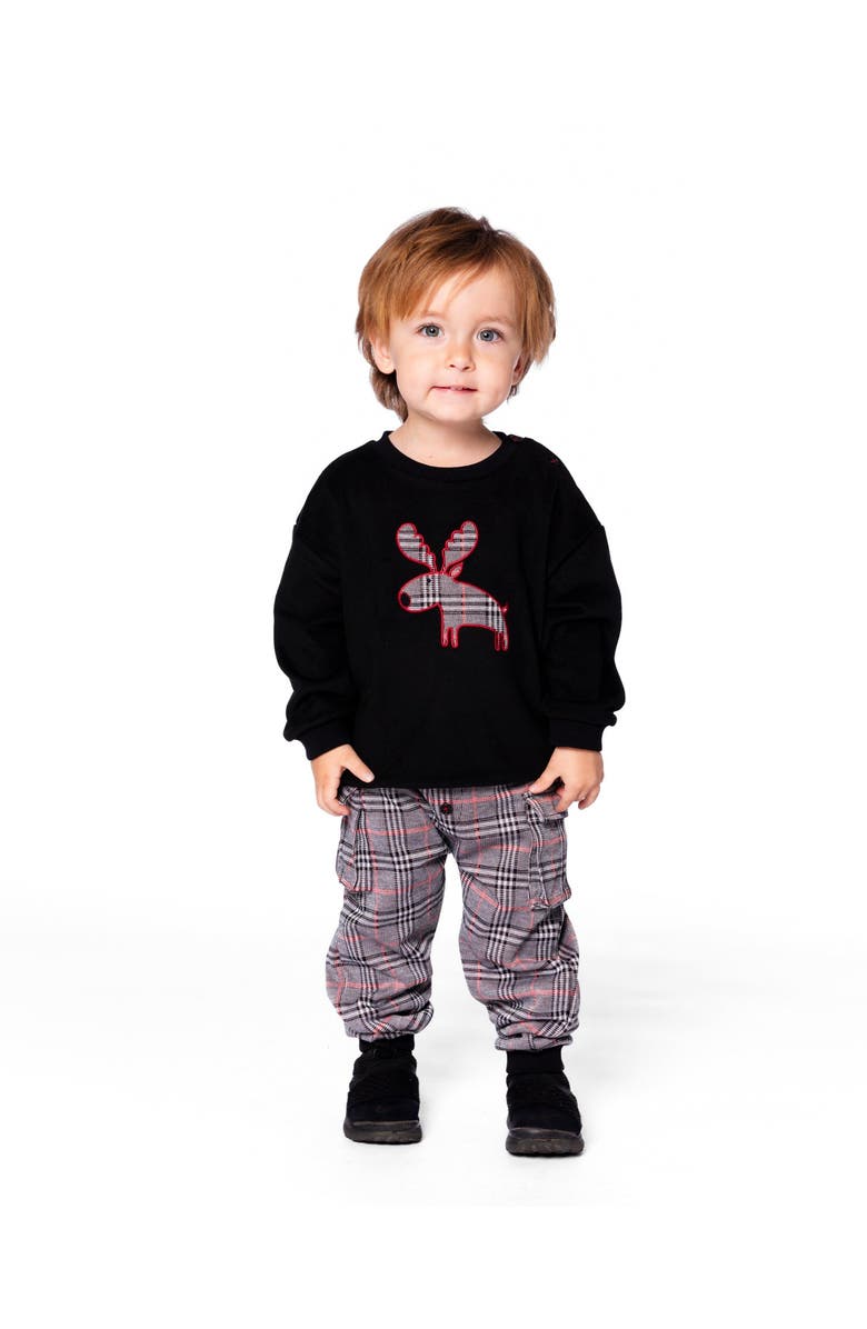 Deux par Deux Sweater and Cargo Pants Set with Moose Applique, Main, color, Black