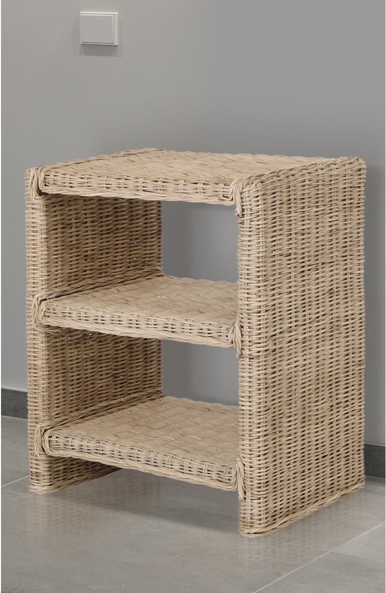 JONATHAN Y Praerie Coastal Bohemian Rattan/Wood 3 Tier End Table, Alternate, color, Natural