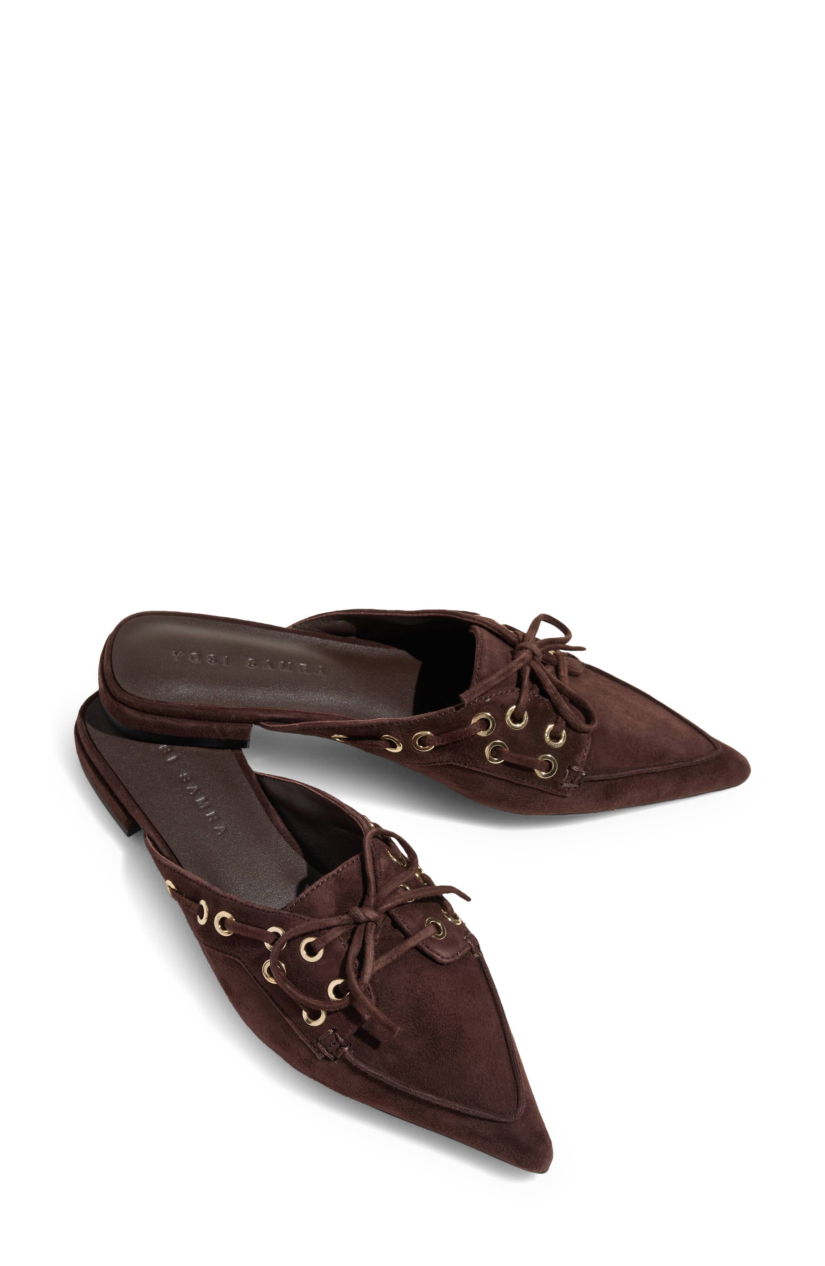 Astor Pointed Toe Suede Flat Mule, Alternate, color, CHOCOLATE