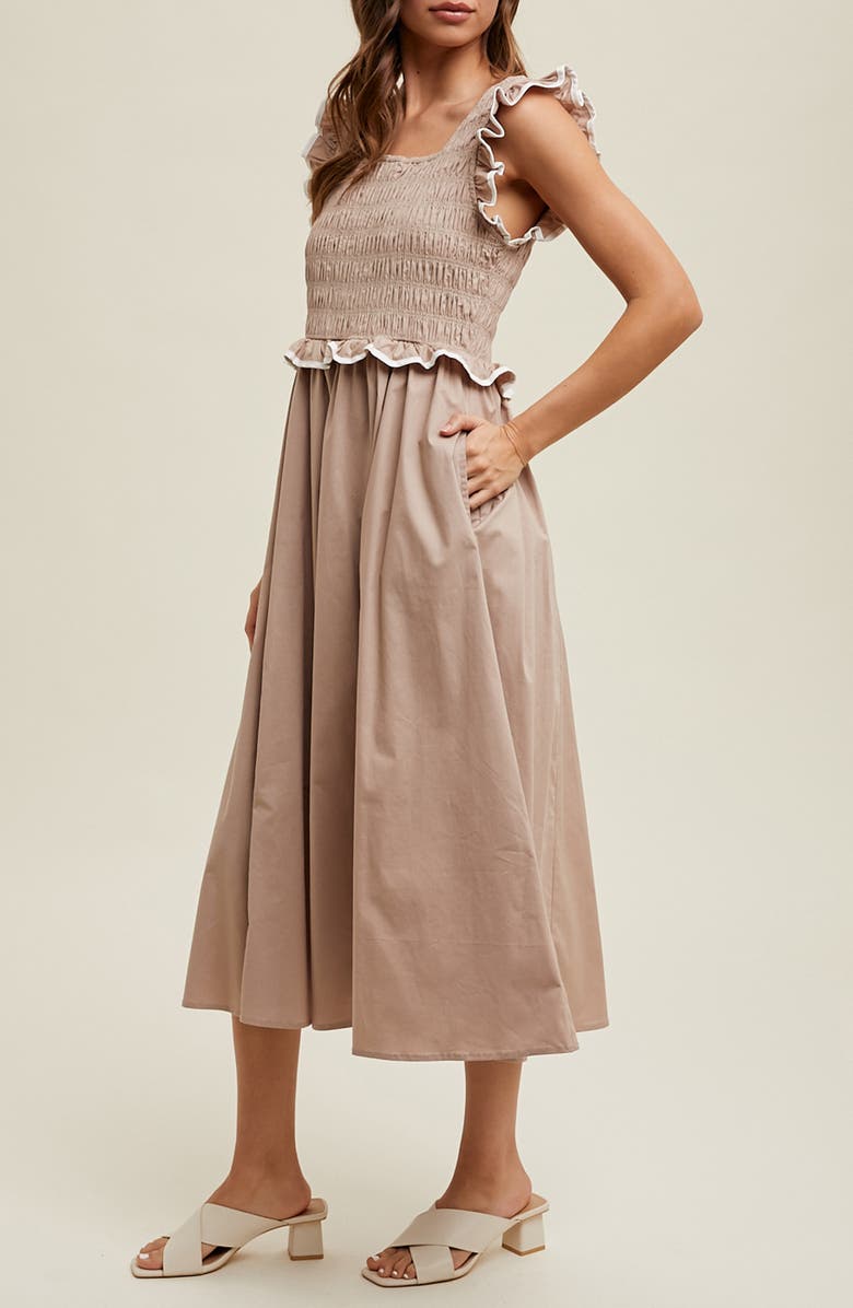 WISHLIST Ruffle Tank Midi Dress, Alternate, color, Mocha/ Cream