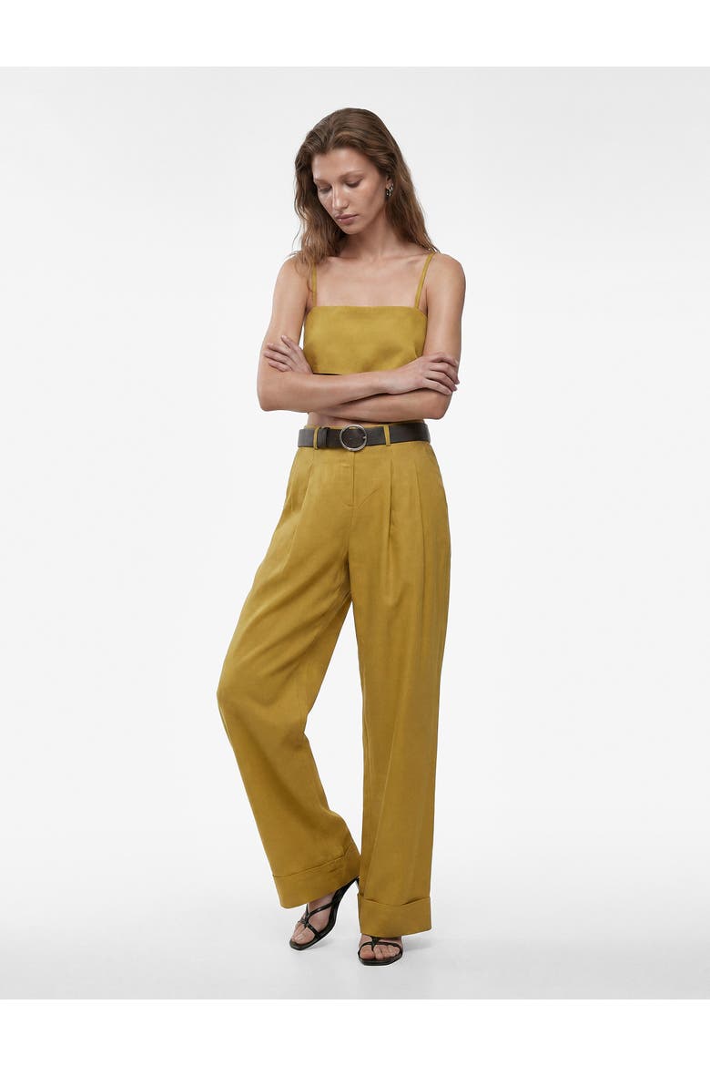 High Rise Belted Straight Fit Linen Blend Tailored Pants, Alternate, color, KHAKI