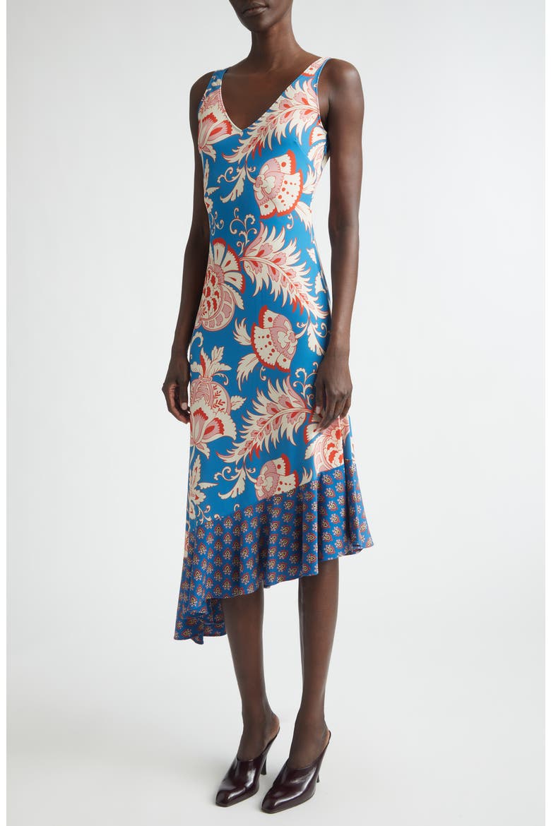 Asymmetric Ruffle Hem Midi Dress, Alternate, color, PRINT ON PALE BLUE BASE