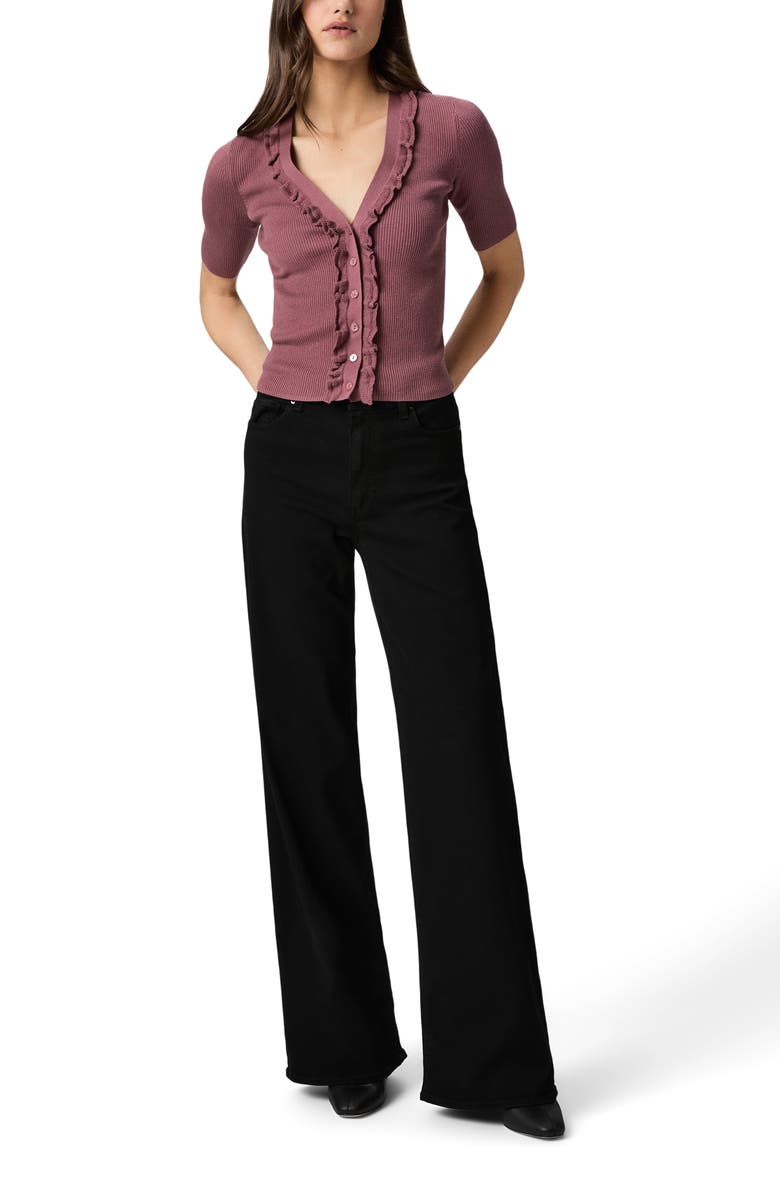 PAIGE Demetra Ruffle Rib Short Sleeve Cardigan, Alternate, color, Rose Tea