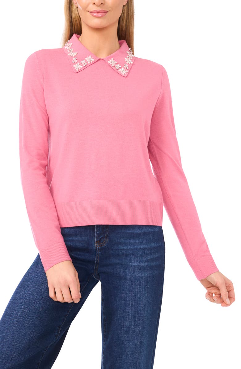 CeCe Embellished Collar Rib Sweater, Main, color, Rose