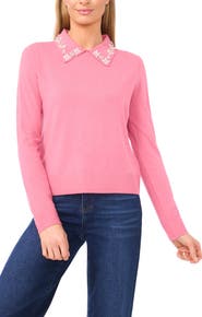 CeCe Embellished Collar Rib Sweater
