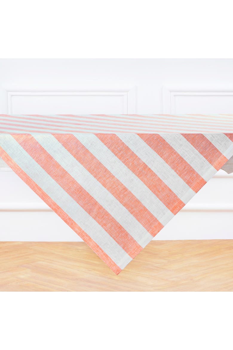 Linen Table Throw 52 x 52 Inch - Cabana Stripe, Alternate, color, Salmon and White