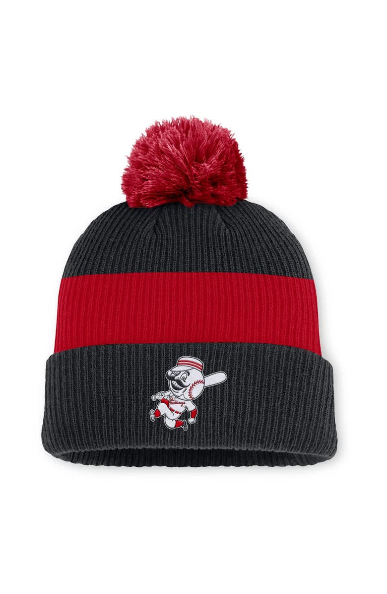Nike Men's Nike Black/Red Cincinnati Reds Cooperstown Collection Peak Standard Cuffed Knit Hat with Pom, Main, color, Black