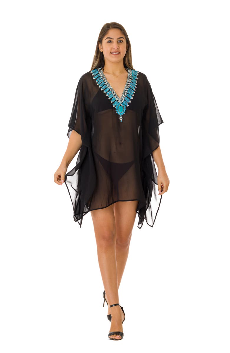 RANEES Turquoise Stone Black Kaftan, Alternate, color, Black