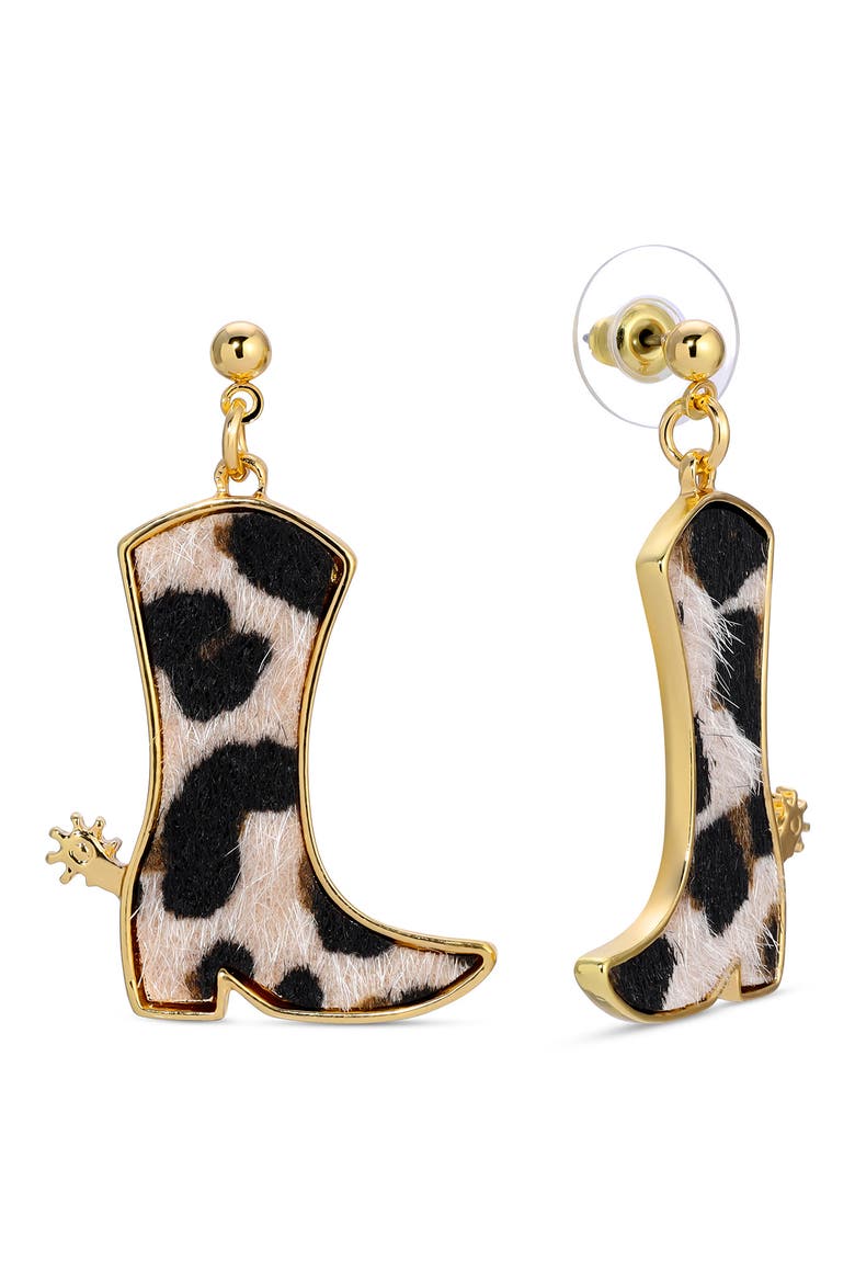 Faux Calf Hair Cowgirl Boot Drop Earrings, Main, color, BLACK/ WHITE/ GOLD