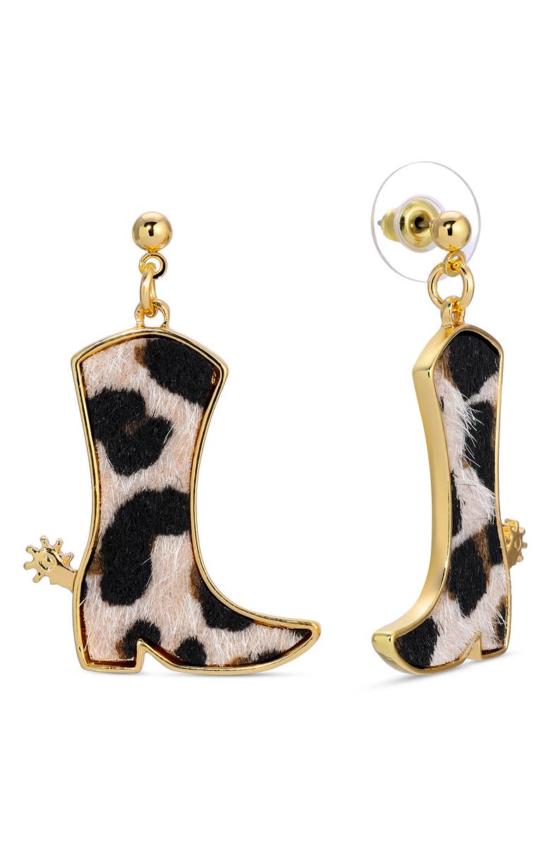 EYE CANDY LOS ANGELES Faux Calf Hair Cowgirl Boot Drop Earrings, Main, color, Black/ White/ Gold