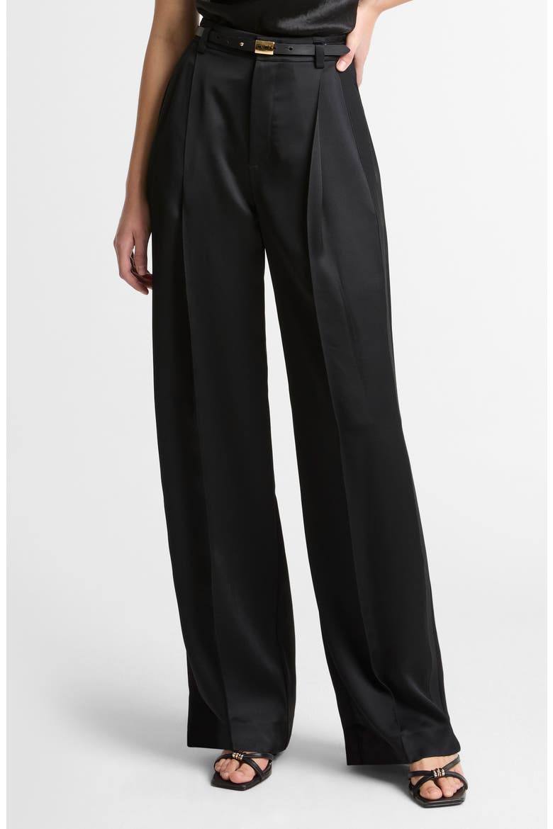 Pleated High Waist Satin Pants, Main, color, BLACK