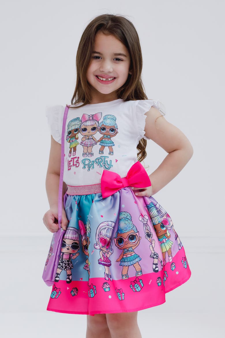 T-Shirt and Satin Skirt Set with Bag, Alternate, color, Teal Purple Pink
