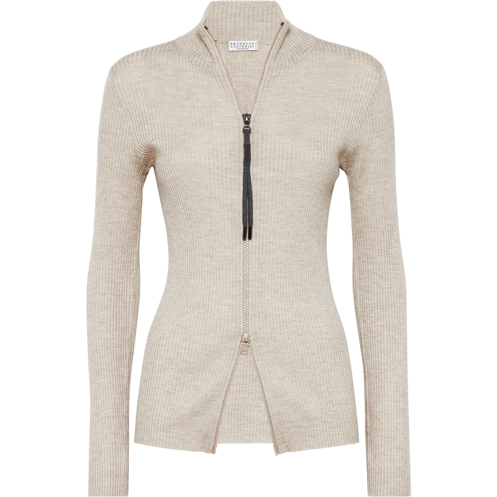 Brunello Cucinelli Cashmere-blend Zip-front Top In Desert