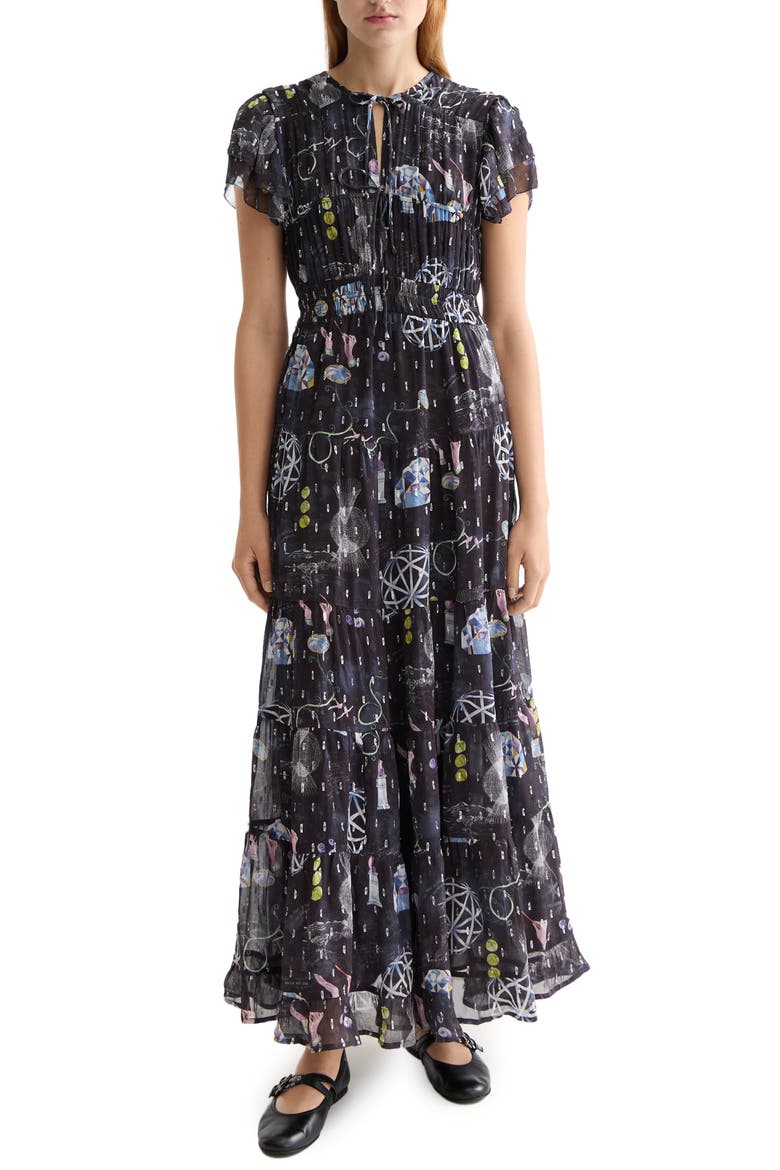 Cap Sleeve Tiered Chiffon Maxi Dress, Main, color, BLACK MOUNTAIN