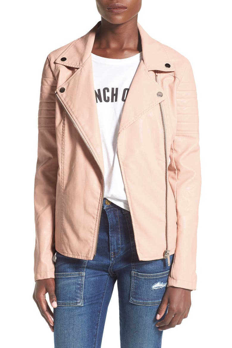 Faux Leather Quilted Sleeve Moto Jacket, Main, color, PINK