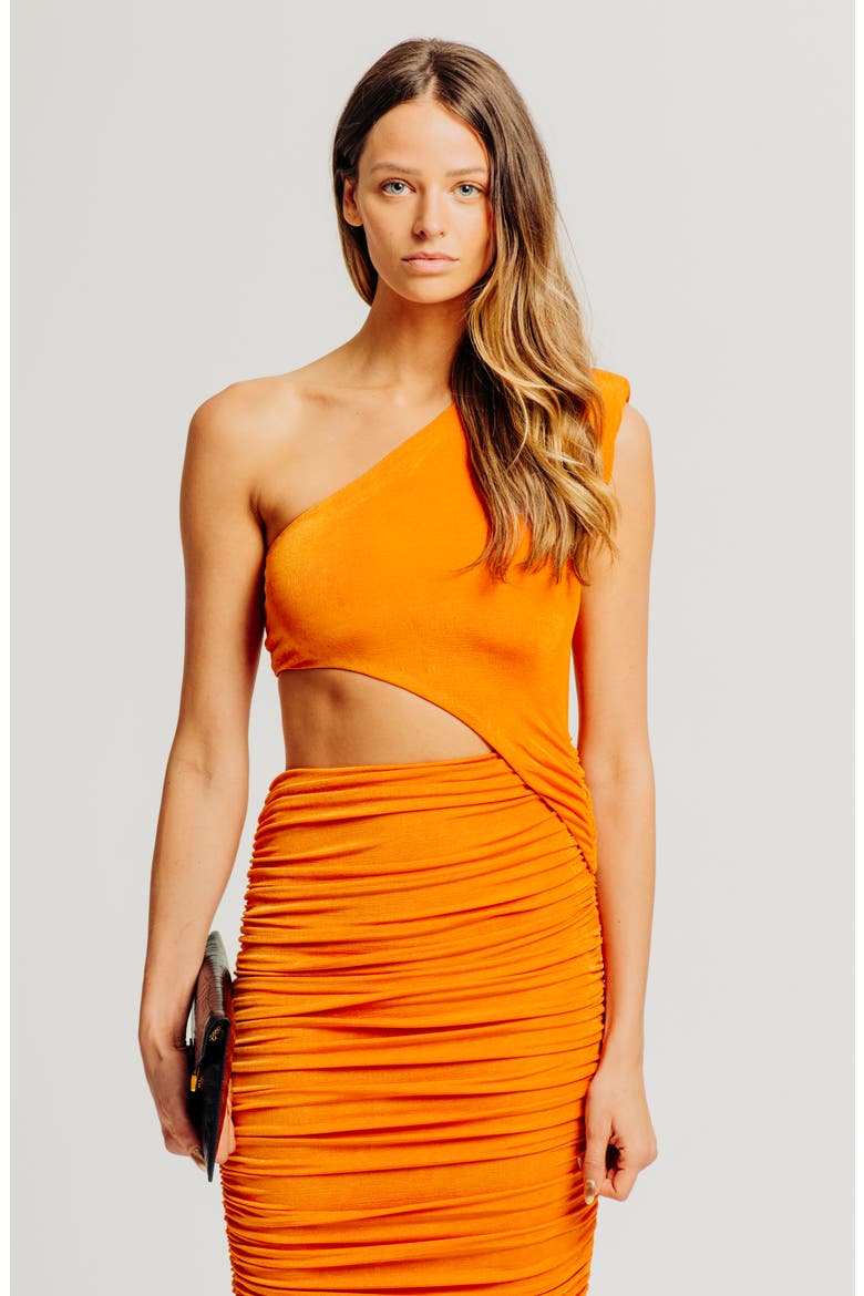 Lorraine One Shoulder Midi Dress, Alternate, color, TANGERINE