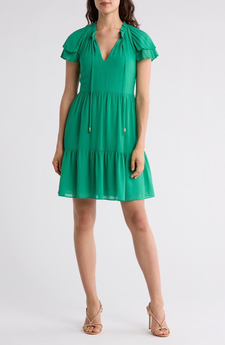 Vince Camuto Flutter Sleeve Tiered Chiffon Dress, Main, color, Green