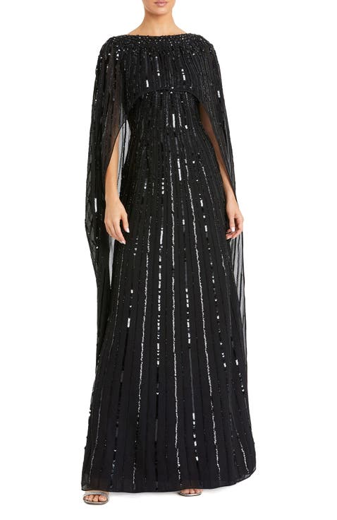 Embellished Beaded Column Cape Gown