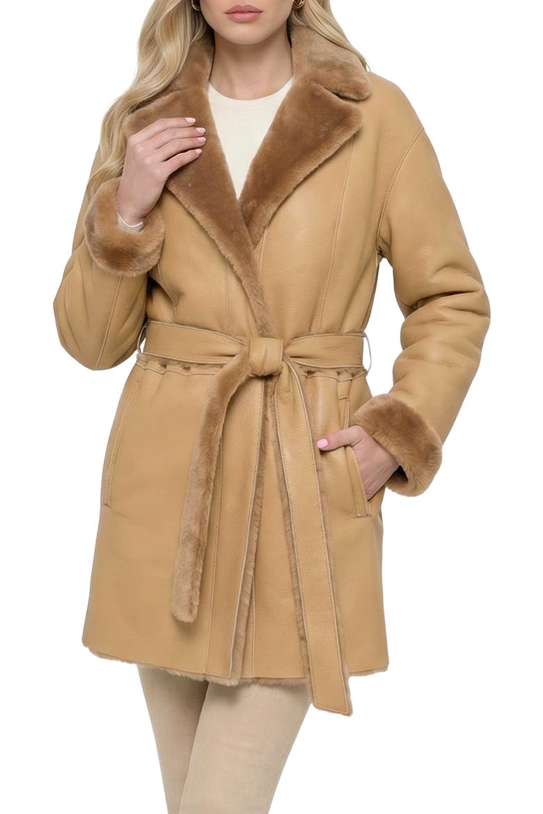 Merino Genuine Shearling Stroller, Belt, Alternate, color, LATTE