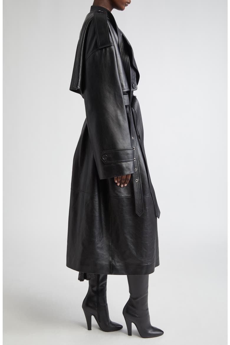 Belt Neck Plongé Leather Trench Coat, Alternate, color, BLACK