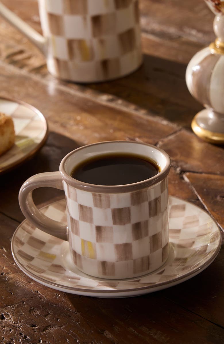 MACKENZIE CHILDS Mocha Check Set of 2 Espresso Cups & Saucers, Alternate, color, Mocha