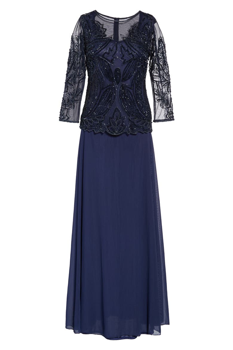 Embellished Mesh Gown, Main, color, NAVY