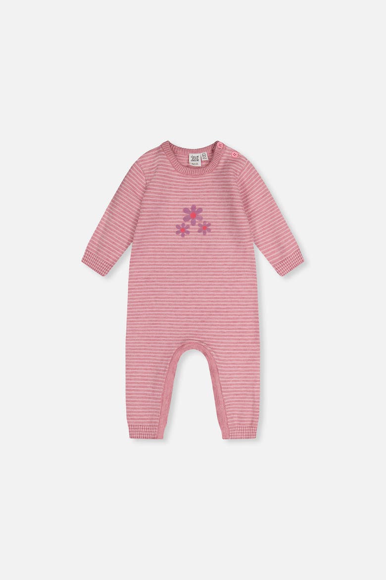 Knitted Flower Stripe Button Romper, Main, color, Dusty Pink